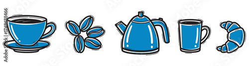 Stylized icons of a blue coffee cup with saucer, coffee beans, teapot, mug, and croissant in a simple, bold outline design.