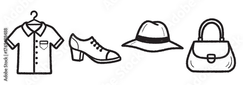 Black outline vector icon set featuring a shirt on a hanger, a heeled shoe, a wide-brimmed hat, and a handbag. minimal linear illustrations for fashion and accessory concepts.