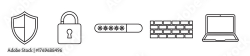 Black outline icons depicting a shield, padlock, password bar, firewall, and laptop, symbolizing cybersecurity and data protection concepts.