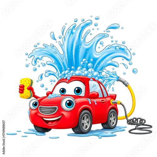 Cartoon car getting a car wash with water isolated on transparent background