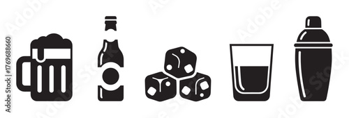 Black and white icons illustrating a beer mug, capped bottle, stacked dice, glass with liquid, and a cocktail shaker representing diverse drinking themes.