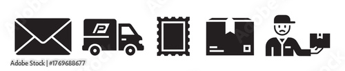 Black icons depicting an envelope, delivery truck, postage stamp, parcel box, and delivery person holding a package, representing postal and shipping services.
