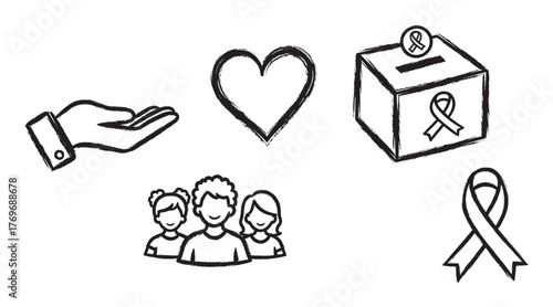 Black sketched hand symbol, heart shape, donation box with ribbon, group of people, and awareness ribbon icon.