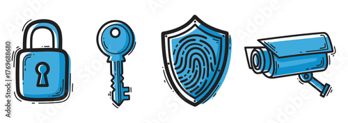 Set of blue and black outline icons featuring a padlock, a key, a fingerprint shield, and a surveillance camera for security concepts.