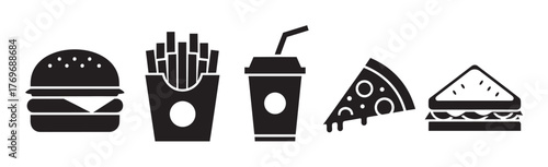 Black silhouette icons of a hamburger, french fries, drink with a straw, pizza slice, and sandwich, showcasing popular fast-food items.