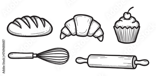 Hand-drawn vector sketches of a loaf of bread, a croissant, a cupcake with cherry, a whisk, and a rolling pin, depicting essential items in baking.