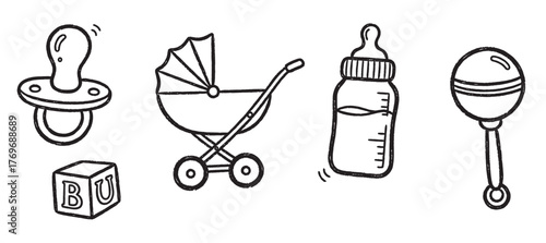 Hand-drawn black outline vector icons of a baby pacifier, stroller, bottle, block, and rattle for childcare and parenting themes.