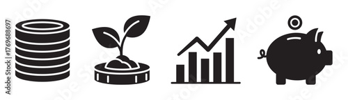 Black icon set depicting a stack of coins, a sprouting plant from a coin, a rising bar graph with an arrow, and a piggy bank with a coin slot.