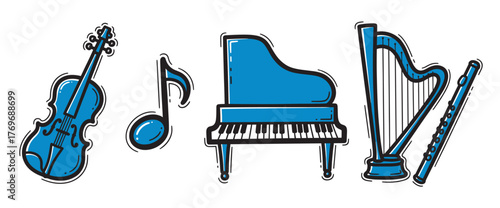Blue hand-drawn musical instruments set including a violin, musical note, grand piano, harp, and flute, emphasized with bold outlines.