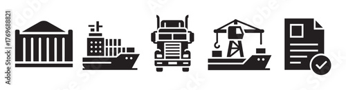 Black solid icons representing a government building, cargo ship, truck, crane, and a document with a check mark, symbolizing logistics, transportation, and administration.