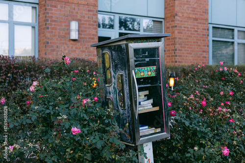 Colorful little free library surrounded by blooming roses in a sunny neighborhood setting