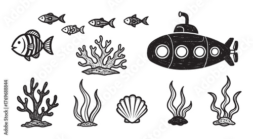 Black and white sketch of a submarine, various fish, seaweed, corals, and a seashell, illustrating an underwater scene.