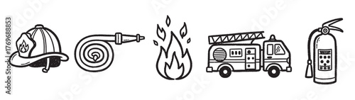 Hand-drawn black outline icons of a firefighter's helmet, hose, flame, fire truck, and extinguisher, representing fire safety equipment.