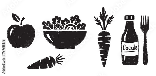 Black silhouette icons of an apple, salad bowl, carrots, beverage bottle labeled "cocals," and a fork, representing various food items.