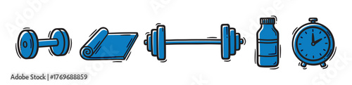 Blue outlined illustrations of a dumbbell, rolled yoga mat, barbell, supplement bottle, and clock for fitness and exercise themes.