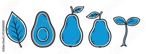 Bold blue and black outlined illustrations of a leaf, avocado slice, two pears with leaves, and a sprouting seedling, arranged in a row.