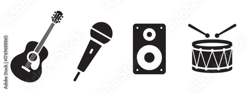 Black silhouette icons of an acoustic guitar, microphone, speaker, and drum, representing musical instruments and sound equipment.