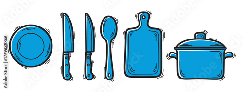 Black outline icons of blue kitchenware set, including a plate, two knives, spoon, cutting board, and cooking pot. minimal linear illustration for cooking and kitchen concepts.