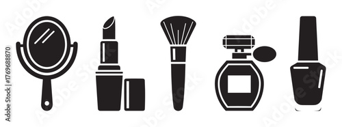 Black silhouette icons of a handheld mirror, lipstick, makeup brush, perfume bottle, and nail polish set, representing cosmetic and beauty products.