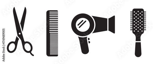 Black silhouette icons of haircutting scissors, a fine-toothed comb, a hairdryer, and a paddle hairbrush arranged in a row.
