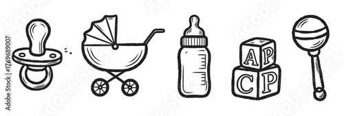 Black and white sketch of baby essentials including a pacifier, stroller, bottle, alphabet blocks, and rattle in a row.