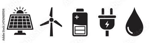 Black silhouette icons of solar panel, wind turbine, battery, electric plug, and water drop symbolizing renewable energy sources and sustainability.