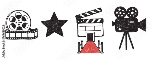 Hand-drawn black outline icons depicting a film reel, star, clapperboard with red carpet, and vintage movie camera, symbolizing the film industry.