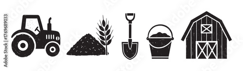 Black silhouette icons of a tractor, heap of soil, wheat, shovel, bucket, and barn, representing various elements of farming and agriculture activities.