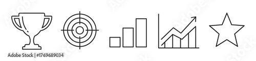 Black outline icons featuring a trophy, target, bar chart, ascending graph, and star representing achievement and success.