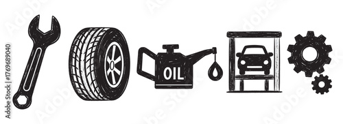 Hand-drawn black outline icon set of automotive tools including a wrench, tire, oil can, car lift, and gears arranged in a row.