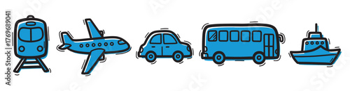Simple blue and black outline icons of various transportation modes including a train, airplane, car, bus, and boat.
