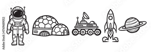 Black outline illustrations of a space explorer, geodesic domes, rover, rocket, and planet icon in a linear style.