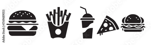 Black and white silhouette icons of a burger, french fries, drink with a straw, pizza slice, and a sandwich arranged linearly.
