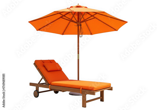 An orange chaise lounge a matching umbrella for relaxation on a sunny day, isolated on transparent background