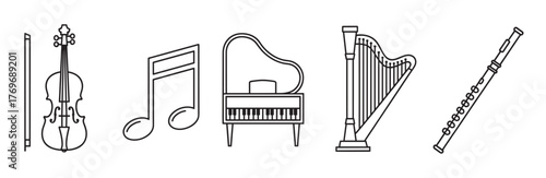 Black outline icons of a violin, musical note, grand piano, harp, and flute arranged in a horizontal row.
