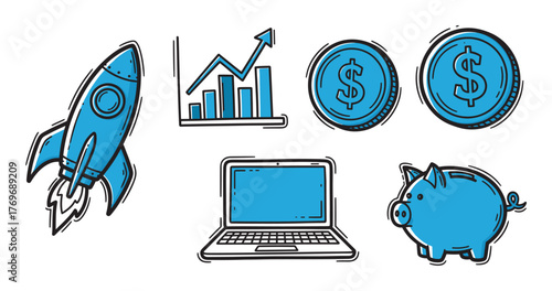 Blue and black outline icons representing a rocket, financial charts, coins, a laptop, and a piggy bank, symbolizing business growth and finance concepts.