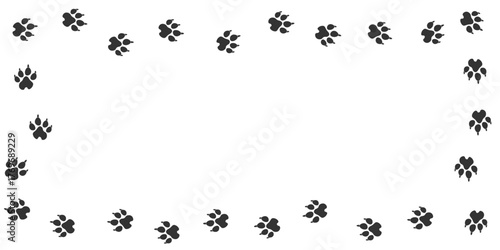 Footprints of Hyena, Traces of a predator on white background. Hyena silhouette animal tracks. Frame of Paw Print and text space. Vector illustration. EPS10.