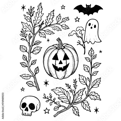 Halloween coloring book illustration set