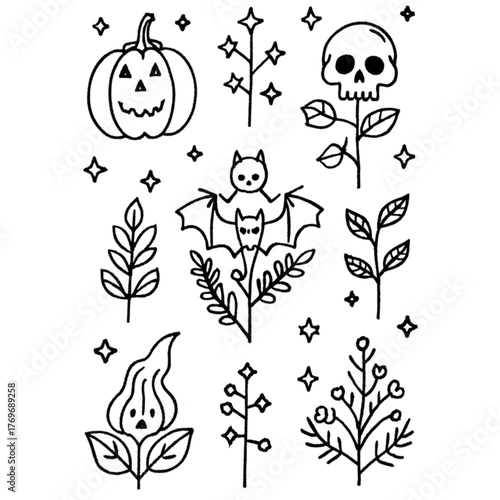 Halloween coloring book illustration set