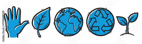 Blue hand-drawn icons illustrating a hand, a leaf, the earth, a recycling symbol, and a growing plant symbolizing environmental awareness.