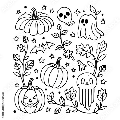 Halloween coloring book illustration set