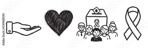 Black hand-drawn icons of an open hand, a heart, a charity ballot box with diverse people, and a ribbon symbolizing support and care.