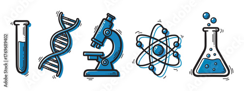 Collection of blue-outlined scientific icons including a test tube, dna strand, microscope, atomic symbol, and a beaker with liquid inside, representing science and research.
