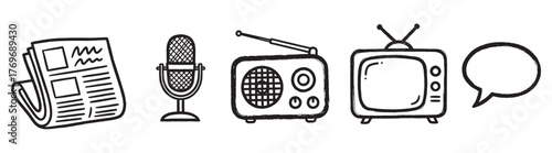 Black outline icons of a newspaper, microphone, radio, television, and speech bubble representing various media and communication forms.