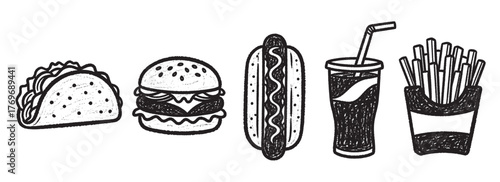 Hand-drawn black and white illustrations of a taco, burger, hot dog, soda, and fries showcasing classic fast food items.