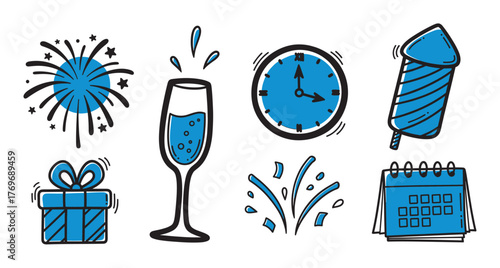 Blue and black outlined icons representing a firework, champagne glass, clock, rocket, gift box, and calendar, symbolizing celebration and festive occasions.
