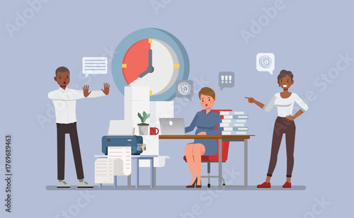 Business Deadline and Time Management concept. Employees working with big clock, symbol of deadline character vector illustration design.
