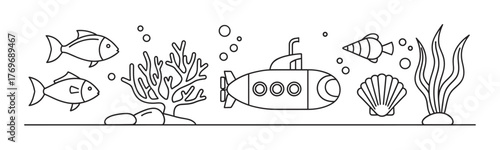 Black outline vector illustration of a simple submarine underwater with fish, coral, seaweed, and seashells, depicting a marine exploration concept.