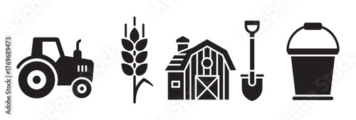 Black silhouette icons of a tractor, wheat stalk, barn, shovel, and bucket representing agricultural elements.