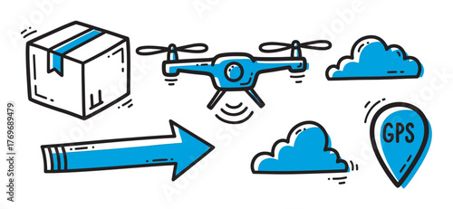Hand-drawn icons of a drone for delivery, a package, a gps marker, clouds, and an arrow, in blue and black color scheme.